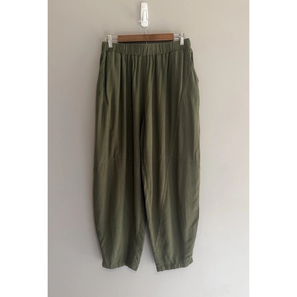 Tarse Linen Boho Pants Size Medium Elastic Waist Pockets Barrel Leg Olive Green